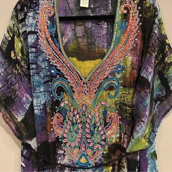 LUCKY & COCO Swimsuit Coverup Women Size Medium Tunic Beaded Boho Poncho Maxi - Picture 3 of 9